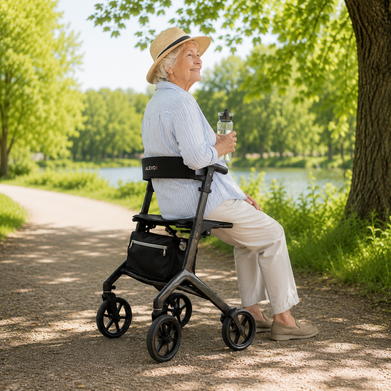 Seniorin macht mit ihrem Rollator eine Pause im Schatten und trinkt Wasser an einem sommerlichen Spazierweg.
