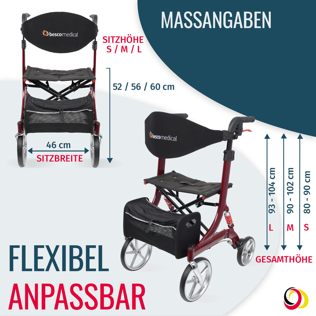 Rollator SPRING Abmessungen | Bordeaux
