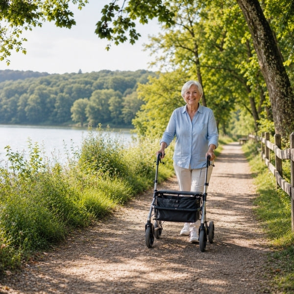 Seniorin mit Rollator auf einem schattigen Weg am See