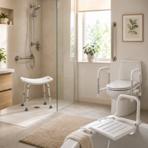 Barrierefreies Badezimmer mit Duschhocker, Haltegriffen und Toilettensitzerhöhung