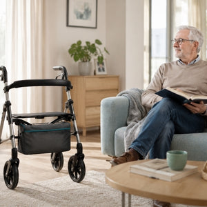 Älterer Mann sitzt mit Buch im Wohnzimmer neben einem Rollator