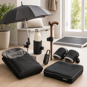 Rollator-Zubehör mit Schirm, Tasche, Sitzkissen und Handwärmern