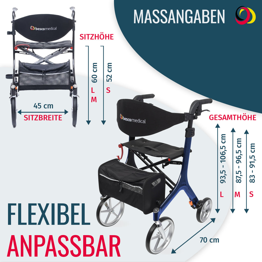 Rollator CARBON Abmessungen | Blau