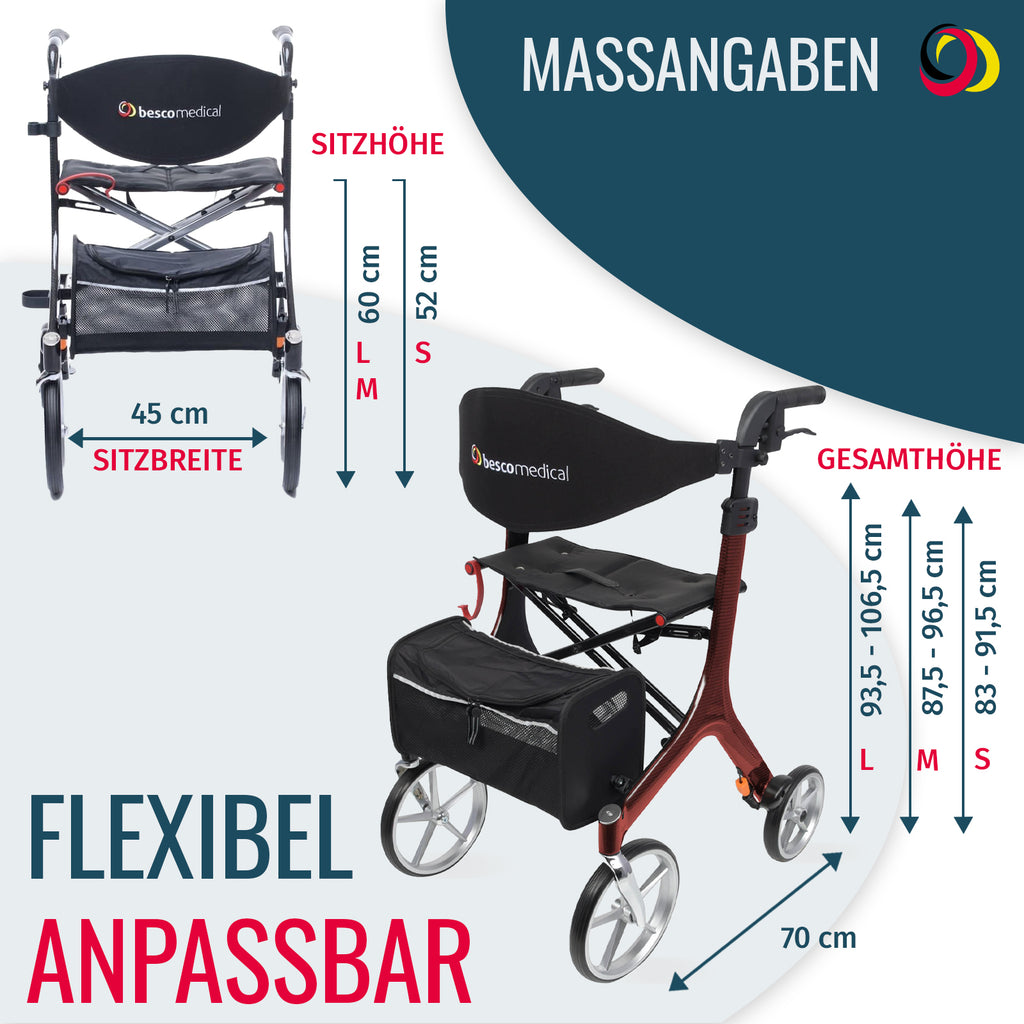Rollator CARBON Abmessungen | Bordeaux