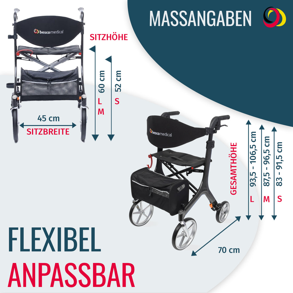 Rollator CARBON Abmessungen | Graphit