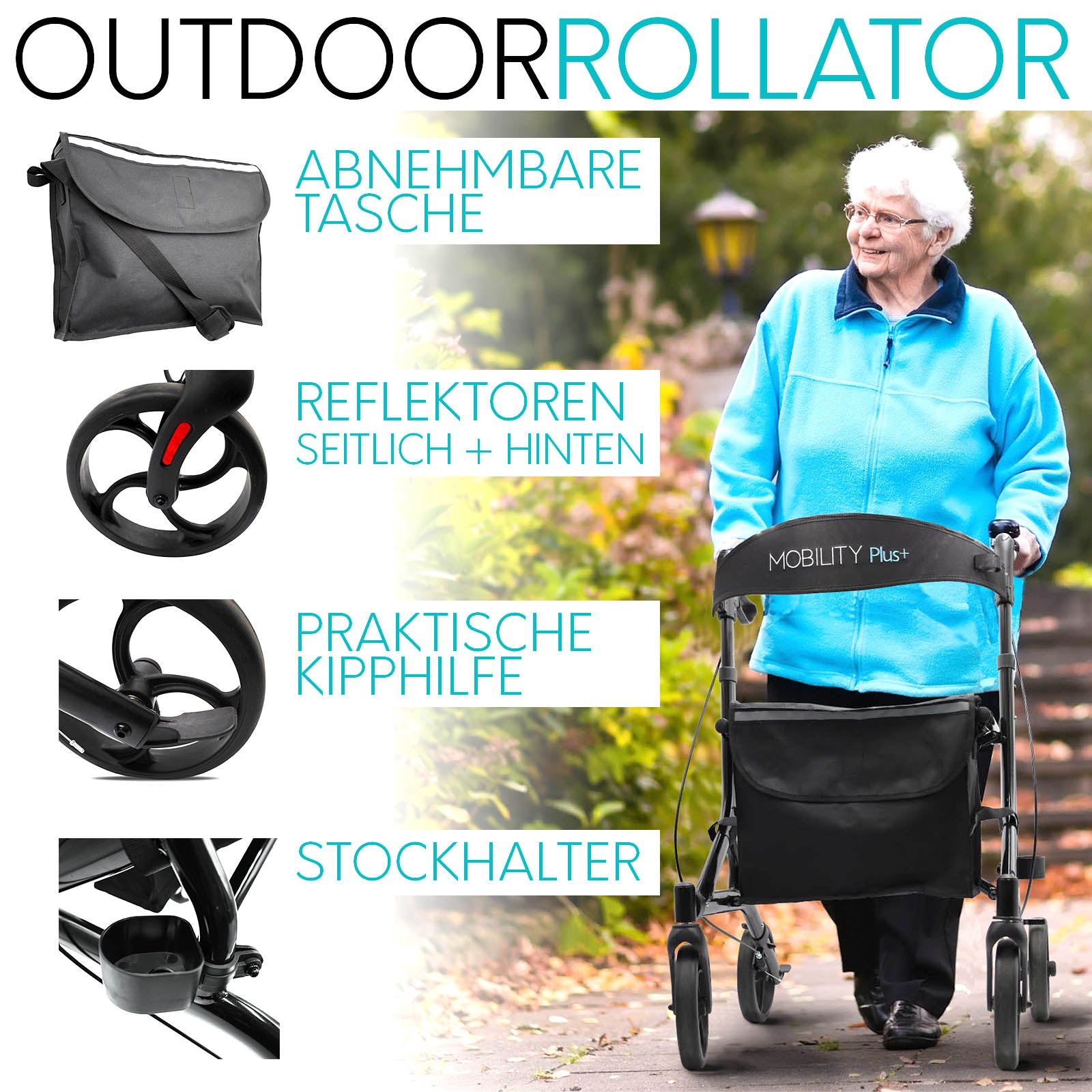 Rollator für außen Mobility Plus LR10+ | schwarz weiß market:de