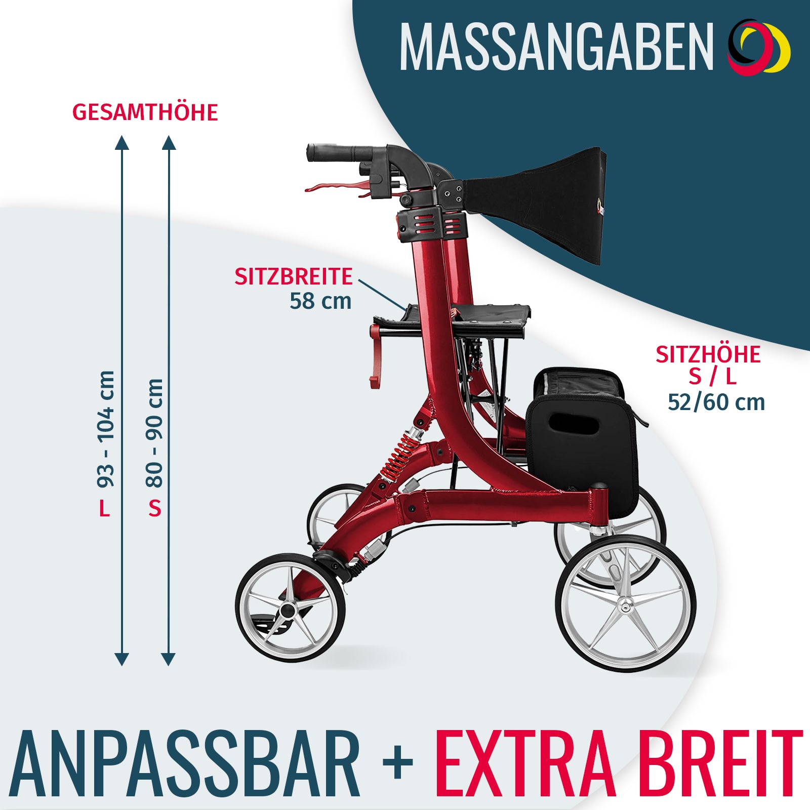 Rollator SPRING XL Abmessungen | Bordeaux